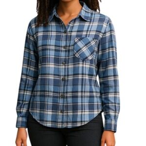 Garage Boyfriend Fit Plaid Brushed Cotton Shirt Blues Long Sleeve Button Up XS